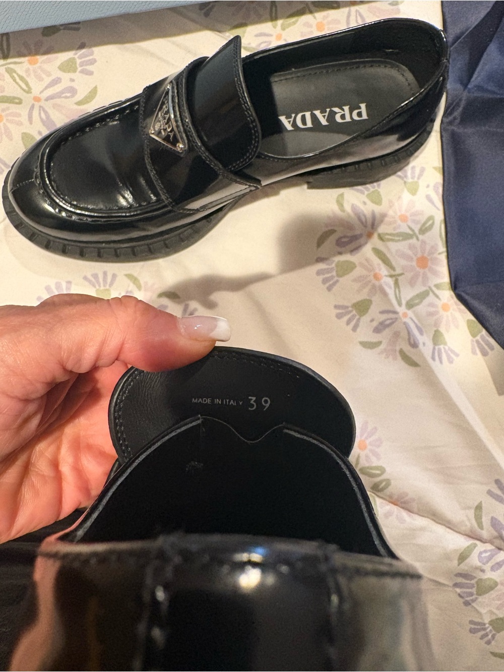 Women's Prada Black Patent Leather Penny Loafers with Logo Plaque - Picture 7 of 8